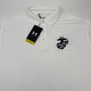 Under Armour Mens Large Solid White Marine Corps Logo Short Sleeve UPF 50 Polo